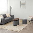 DUNCAN - Mesa de centro efeito nogueira com 2 bancos em tecido cinzento, 78x34 cm