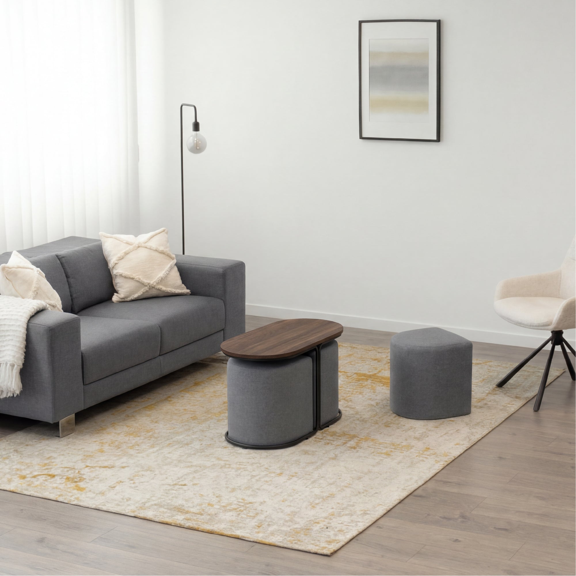 DUNCAN - Mesa de centro efeito nogueira com 2 bancos em tecido cinzento, 78x34 cm