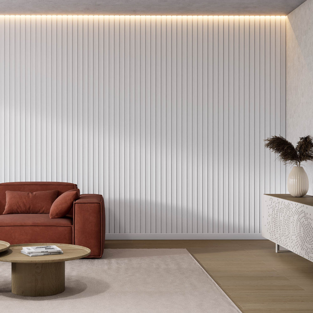 FORMA - Painéis decorativos de parede em poliestireno branco RAL 9003 pintável, 290 × 20 cm, pack de 12 para 6,71 m²