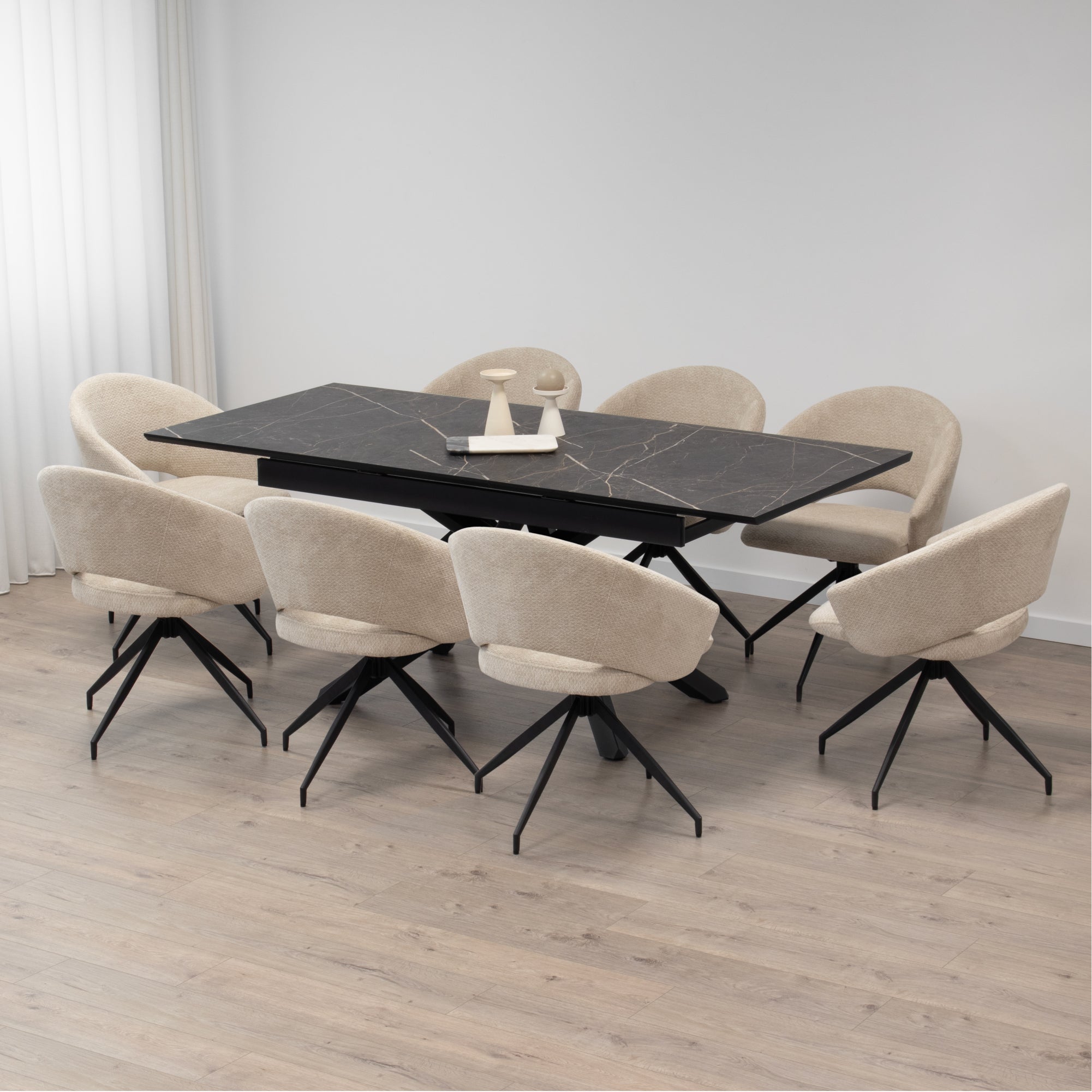 TAYLOR + JANE | Conjunto de mesa de comedor extensible 160-200x90 cm con 6 u 8 sillas en tejido beige y tablero efecto mármol negro