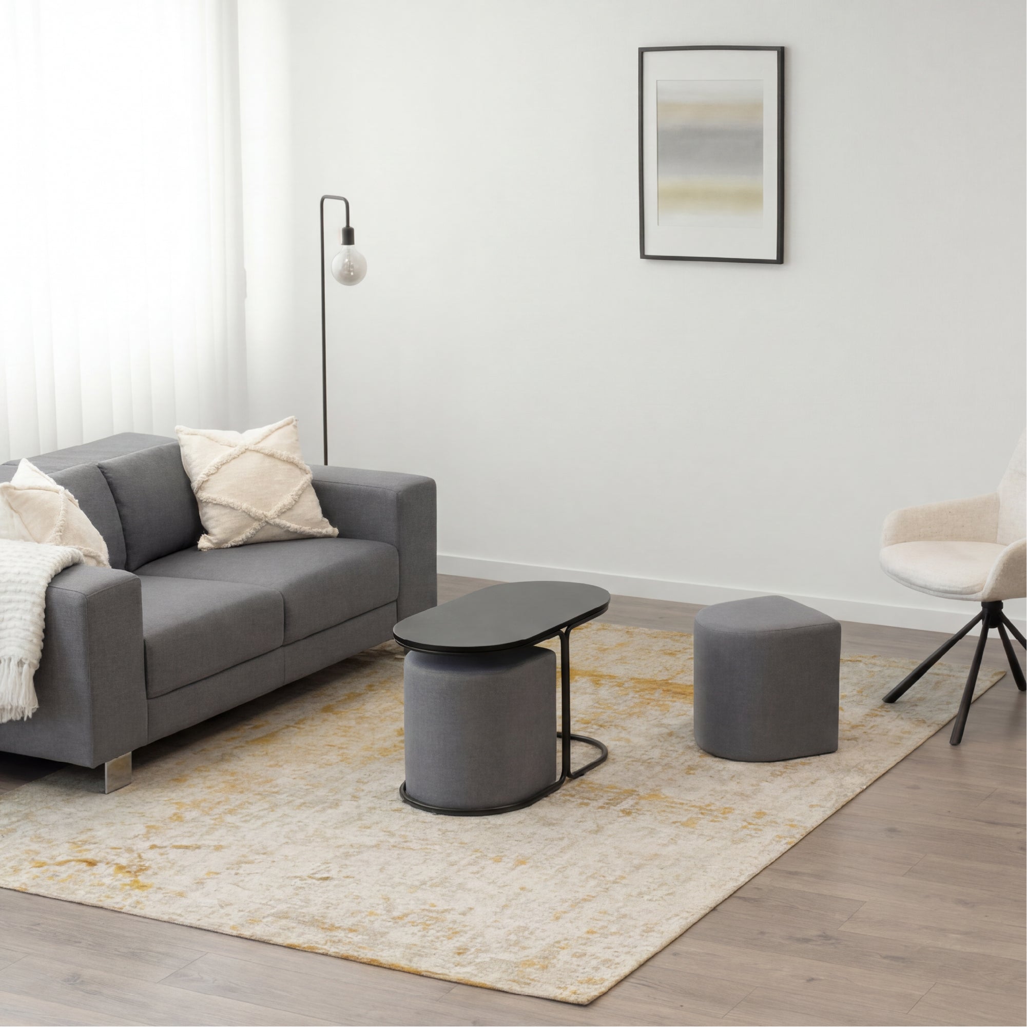 DUNCAN - Mesa de centro efeito madeira preta com 2 bancos em tecido cinzento, 78x34 cm