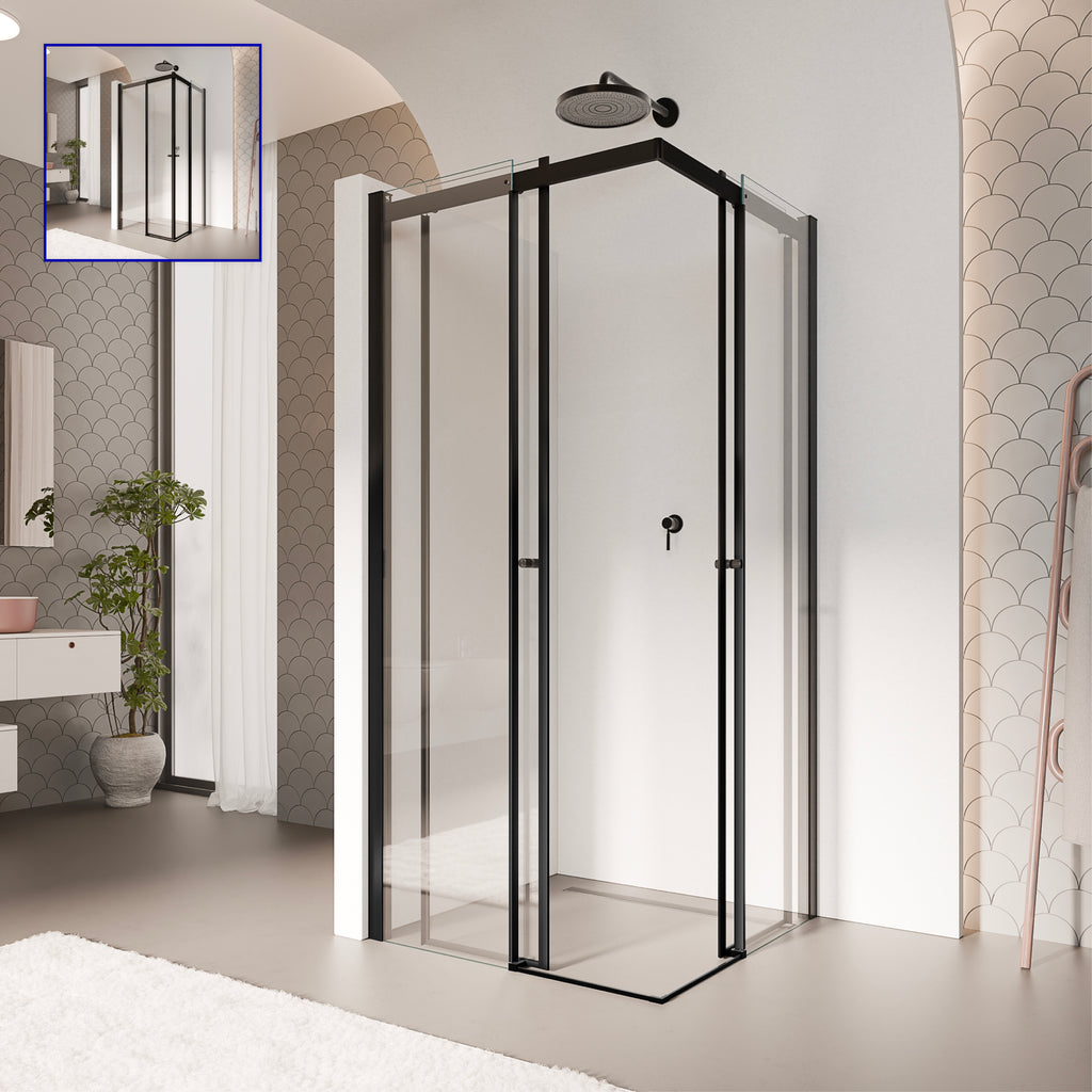 KAYLEE - Cabina de ducha angular con puertas correderas, cristal transparente de 6 mm y perfil negro mate