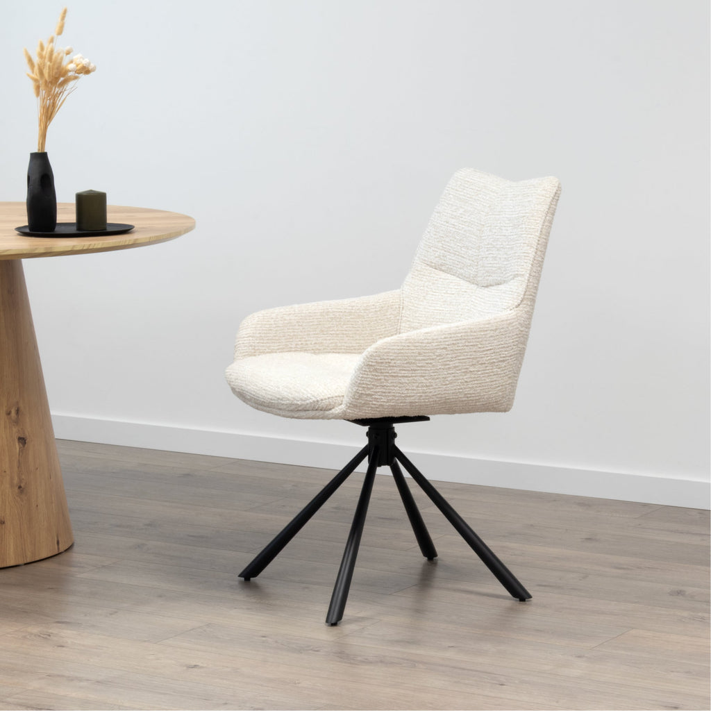 RAINER - Conjunto de 2 sillas de comedor tapizadas y giratorias 360°, en tejido beige con estructura de metal negro