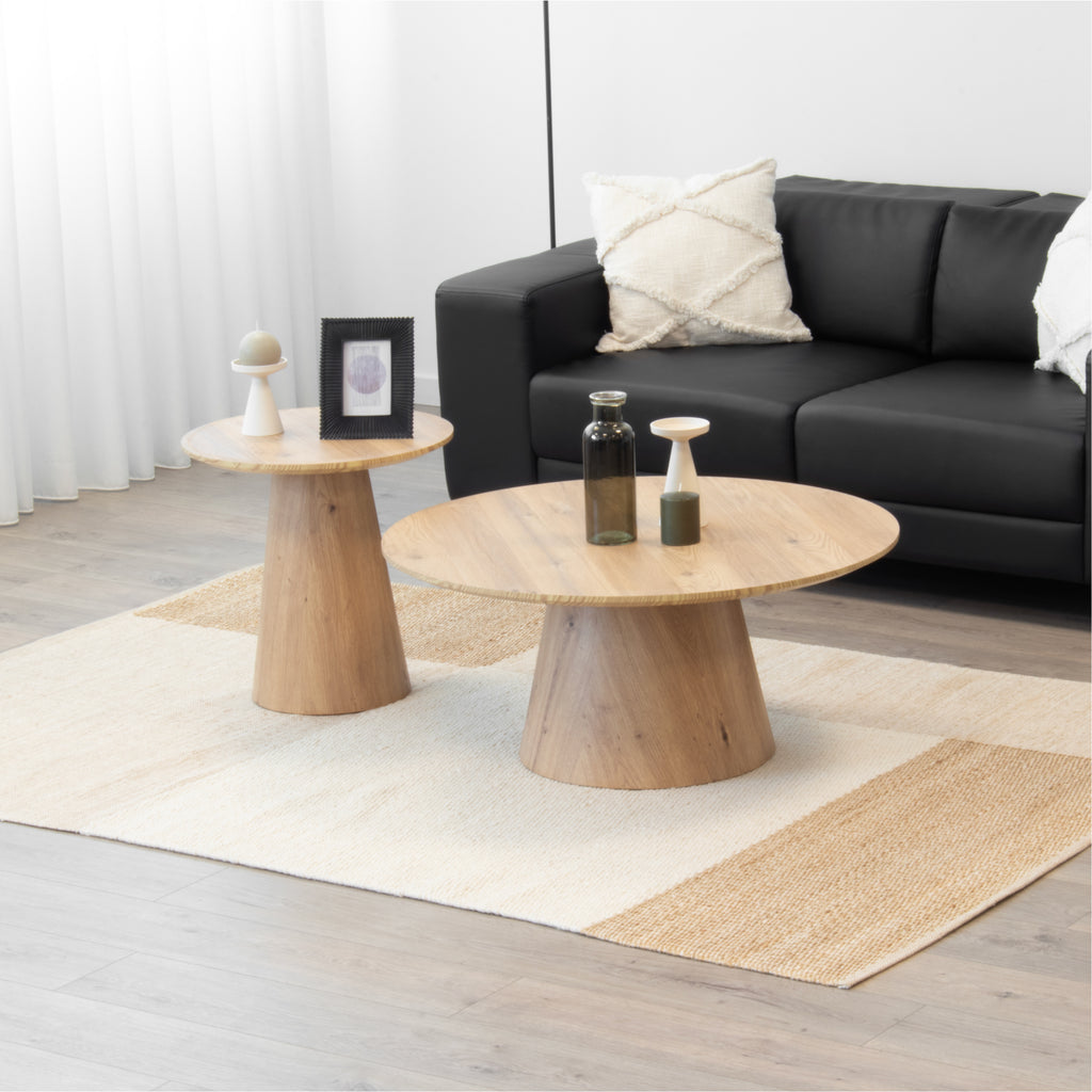 SYLVIA | Conjunto de 2 mesas de café/centro con tablero de melamina de 25 mm y estructura en MDF Ø 90 y Ø 50 cm