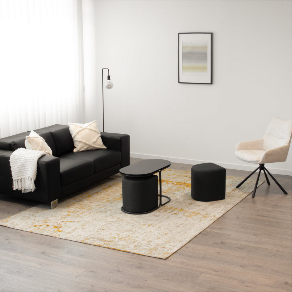 DUCAN - Mesa de centro com 2 módulos de assento pretos, tampo em melamina preta com efeito madeira e estrutura metálica preta