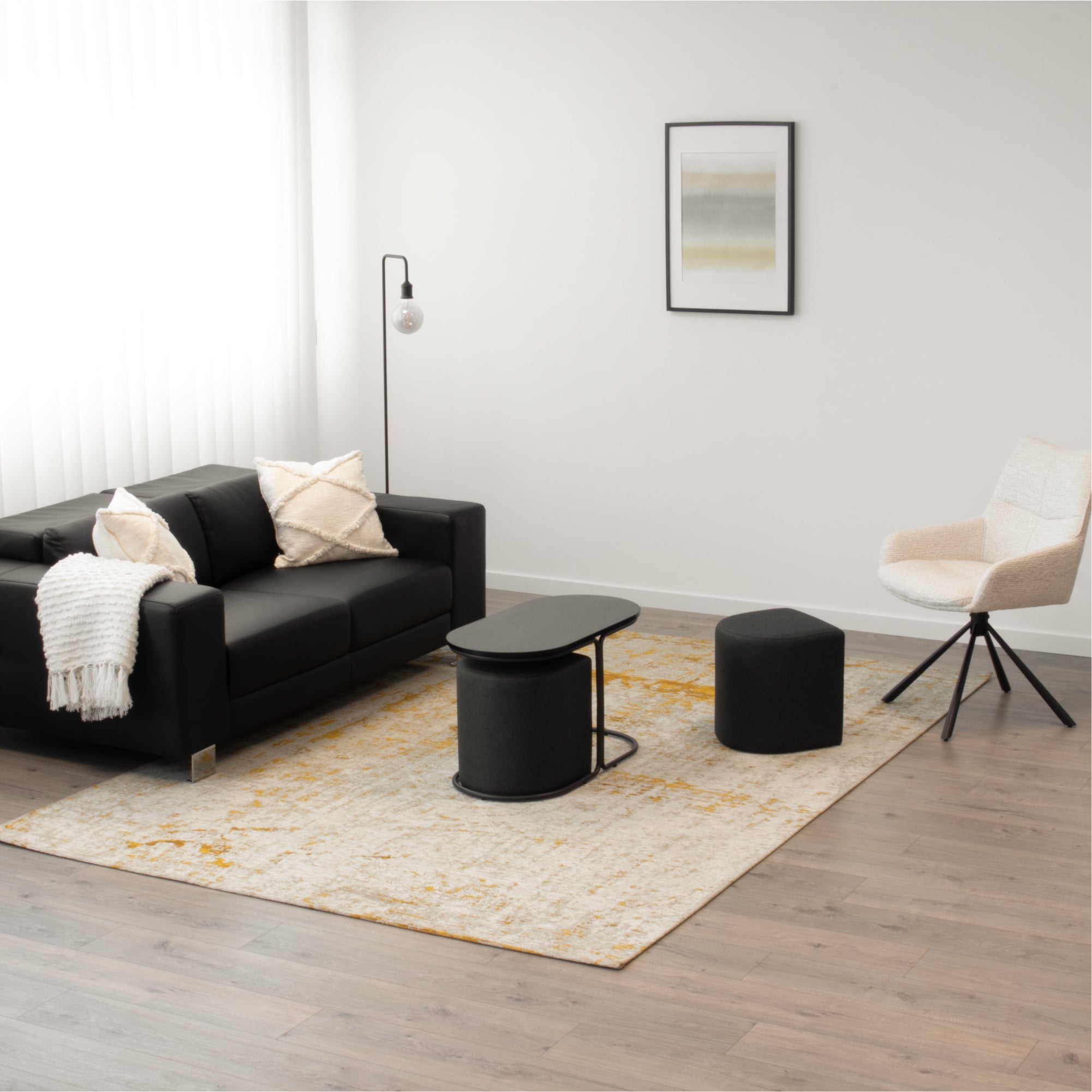 DUCAN - Mesa de centro com 2 módulos de assento pretos, tampo em melamina preta com efeito madeira e estrutura metálica preta