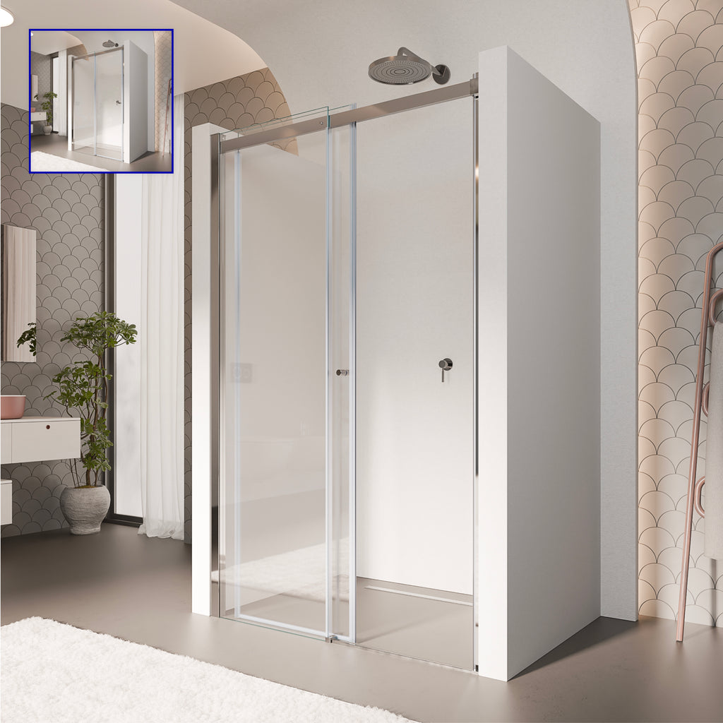 KAYLEE - Porta doccia reversibile con porta scorrevole e lato fisso, profilo cromato e vetro temperato trasparente da 6 mm