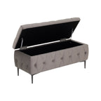 AMOUR - Banqueta baú em veludo cinzento com arrumação interior, assento capitonné e pernas metálicas pretas