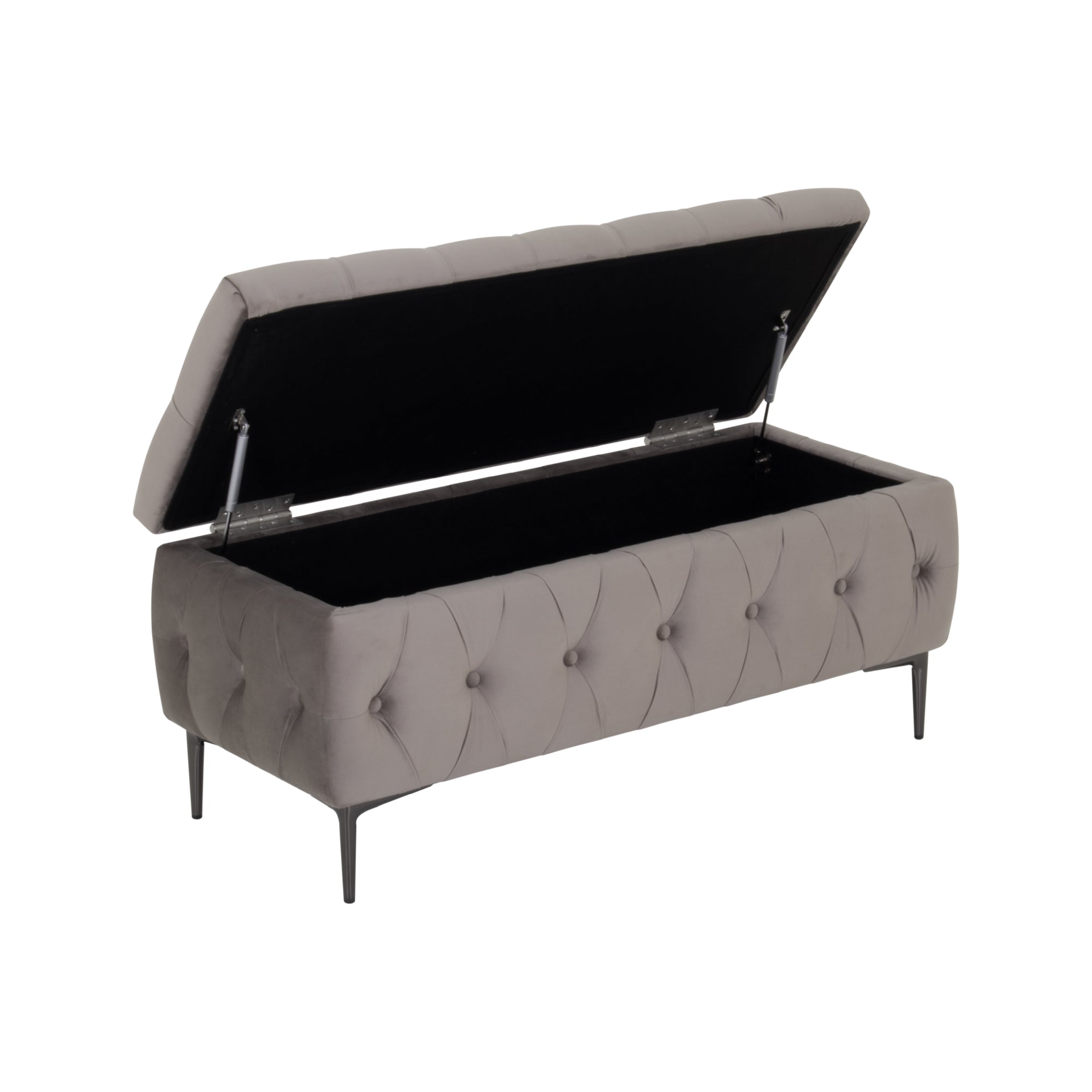 AMOUR - Banqueta baú em veludo cinzento com arrumação interior, assento capitonné e pernas metálicas pretas