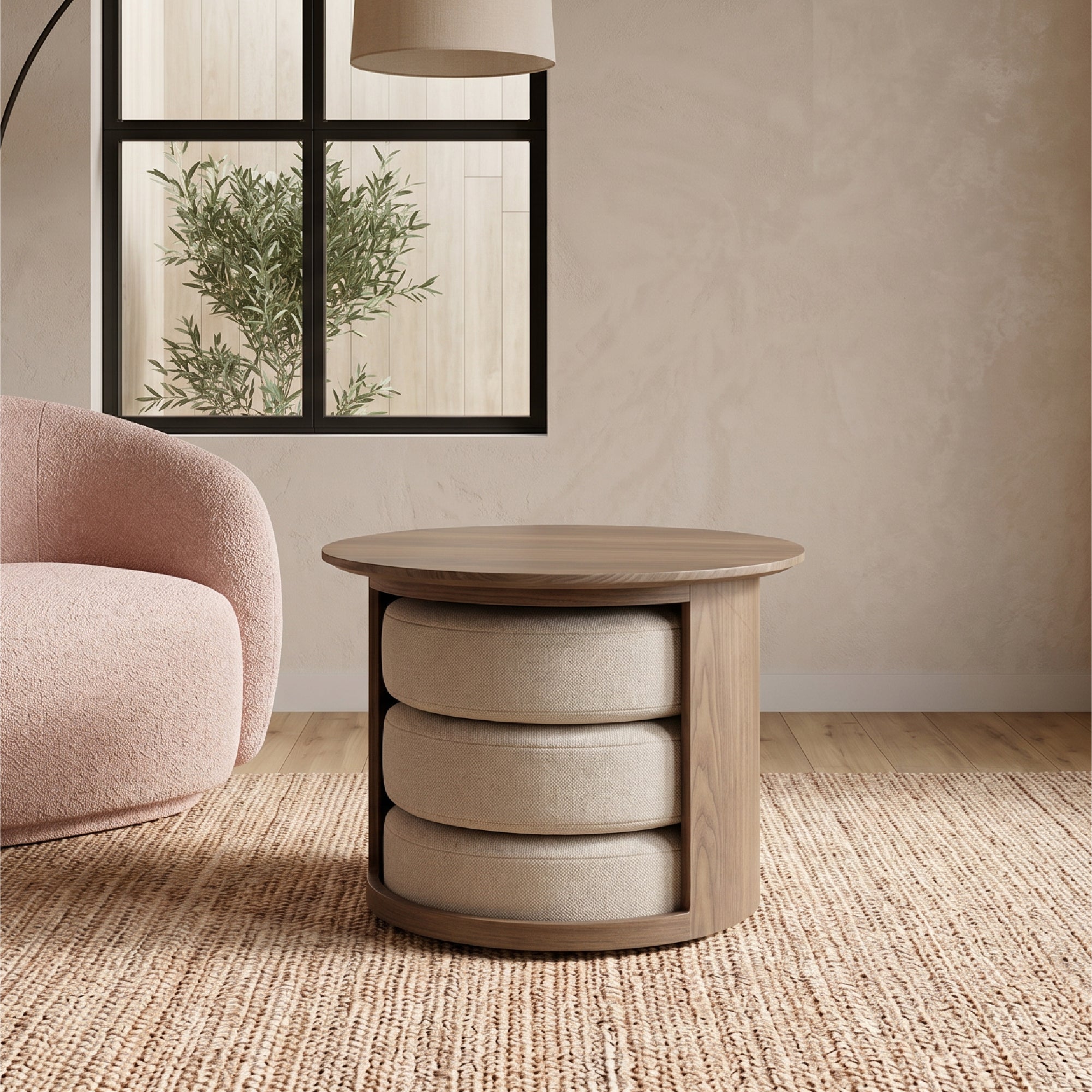 HONE - Mesa de centro Ø60 x 45 cm em melamina efeito carvalho com 3 puffs redondos em tecido bege