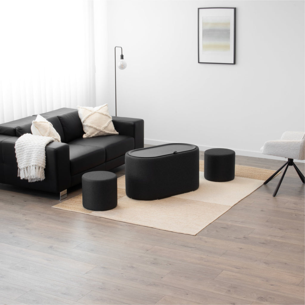 GIGLIO - Mesa de centro con 2 asientos encajables, tablero efecto madera negra y revestimiento en tejido gris oscuro (87x47x45 cm)