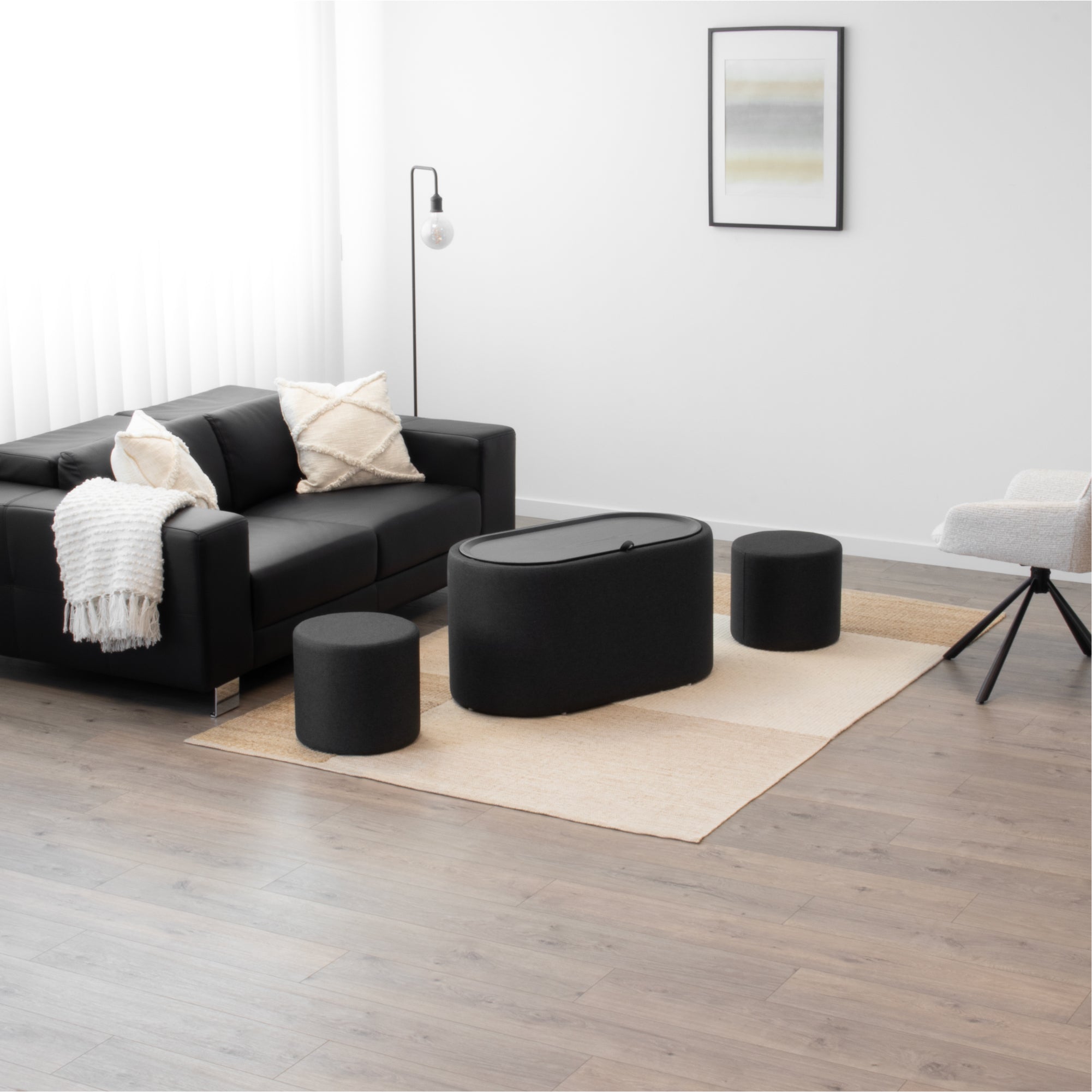 GIGLIO - Mesa de centro con 2 asientos encajables, tablero efecto madera negra y revestimiento en tejido gris oscuro (87x47x45 cm)