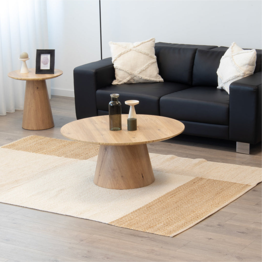 SYLVIA - Mesa de centro con tablero de melamina de 25 mm y estructura de MDF con efecto madera (Ø 90 x 40 cm)