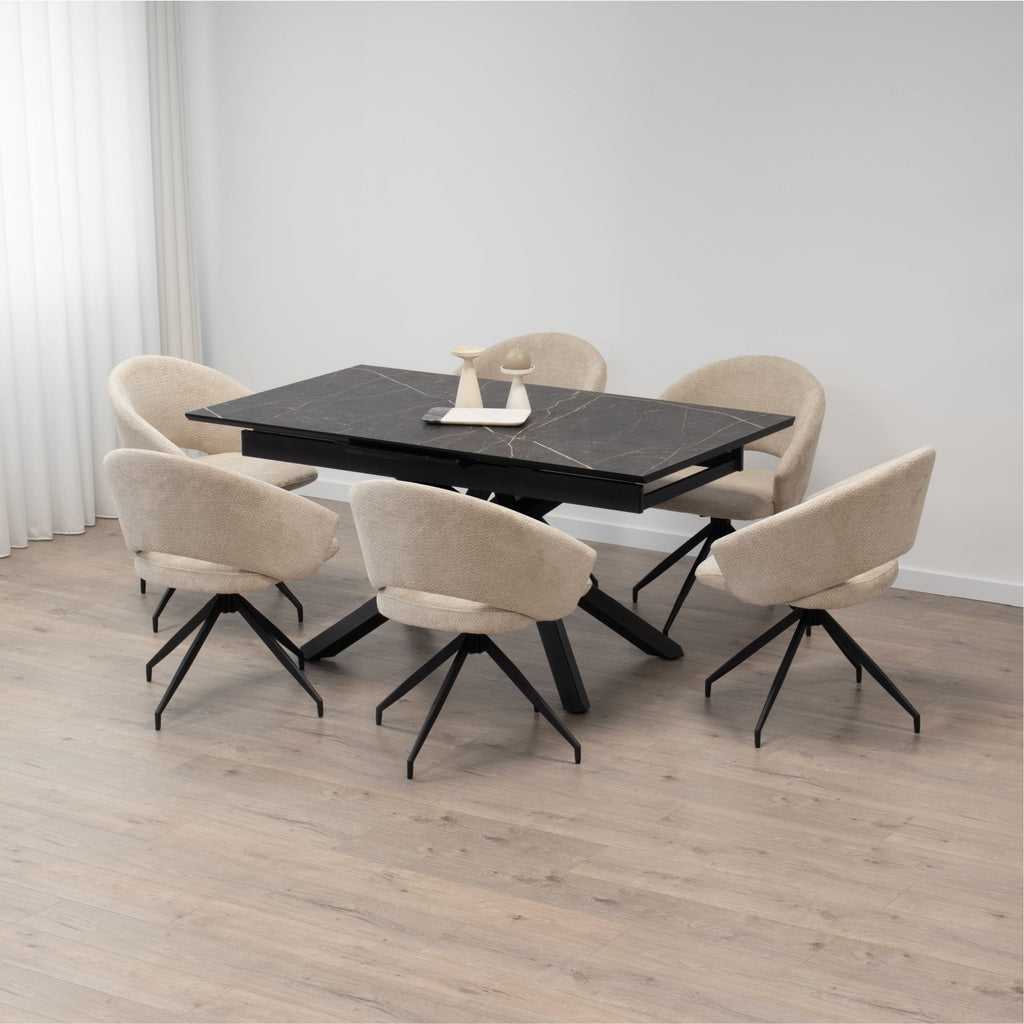 TAYLOR + JANE | Conjunto de mesa de comedor extensible 160-200x90 cm con 6 u 8 sillas en tejido beige y tablero efecto mármol negro