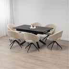 TAYLOR + JANE | Conjunto de mesa de comedor extensible 160-200x90 cm con 6 u 8 sillas en tejido beige y tablero efecto mármol negro
