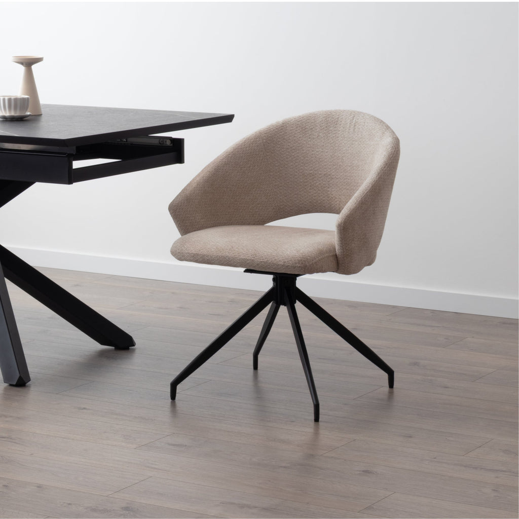JANE - Conjunto de 2 sillas de comedor tapizadas y giratorias 360°, en tejido beige con estructura de metal negro