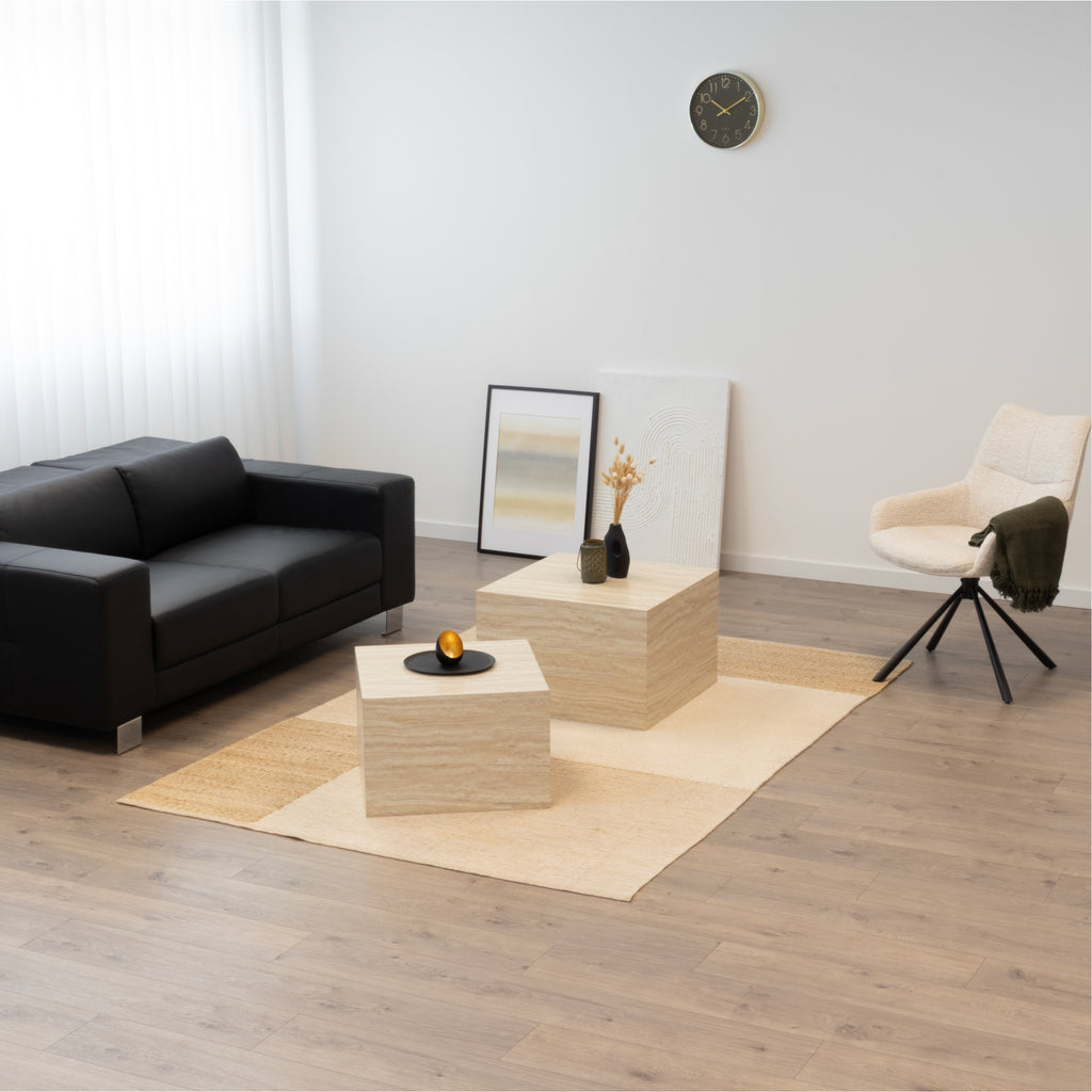 TANEDA - Conjunto de 2 mesas de centro quadradas em MDF com acabamento efeito pedra bege claro - 60 e 51 cm
