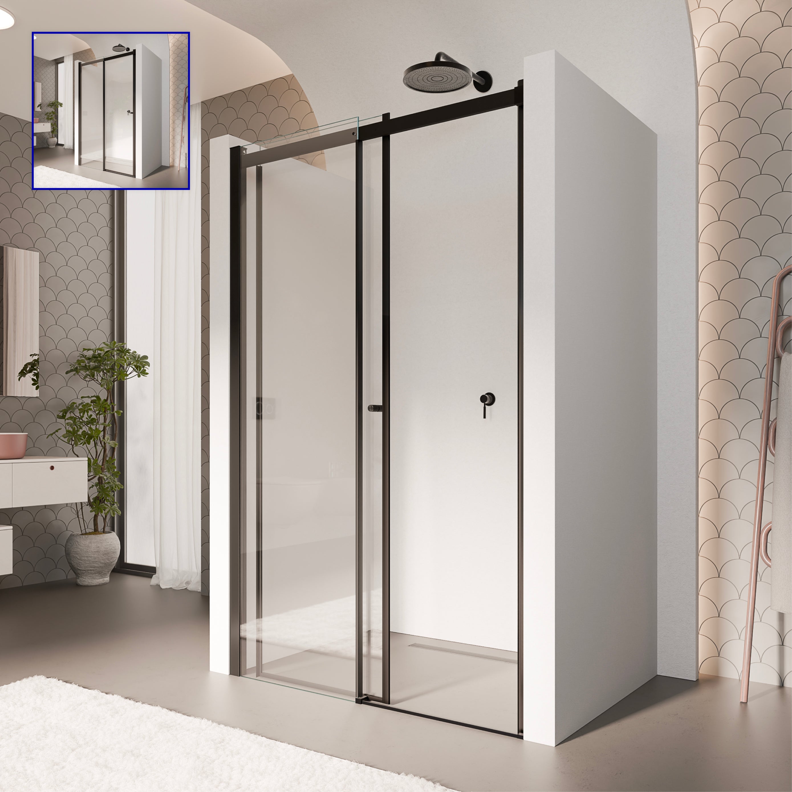 KAYLEE - Porta doccia reversibile con porta scorrevole e lato fisso, profilo nero e vetro temperato trasparente da 6 mm