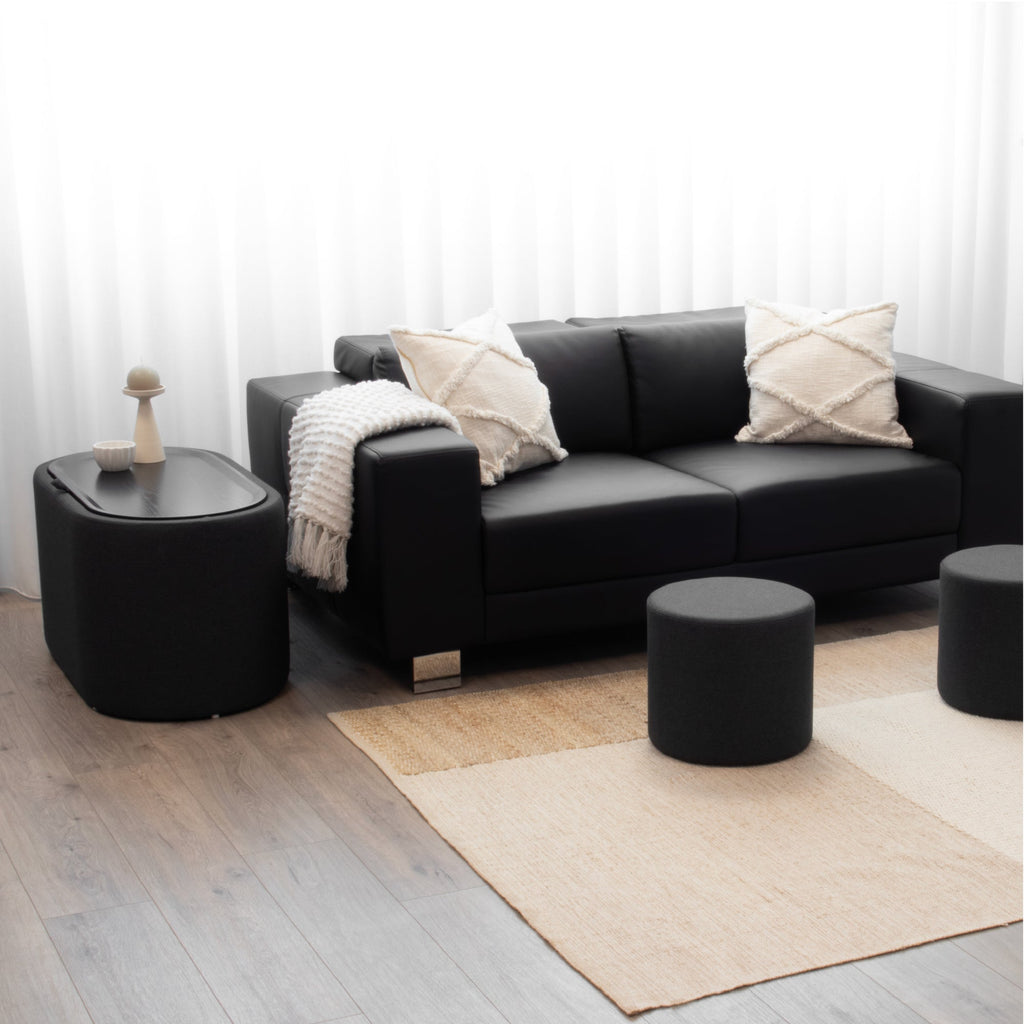 GIGLIO - Mesa de centro con 2 asientos encajables, tablero efecto madera negra y revestimiento en tejido gris oscuro (87x47x45 cm)
