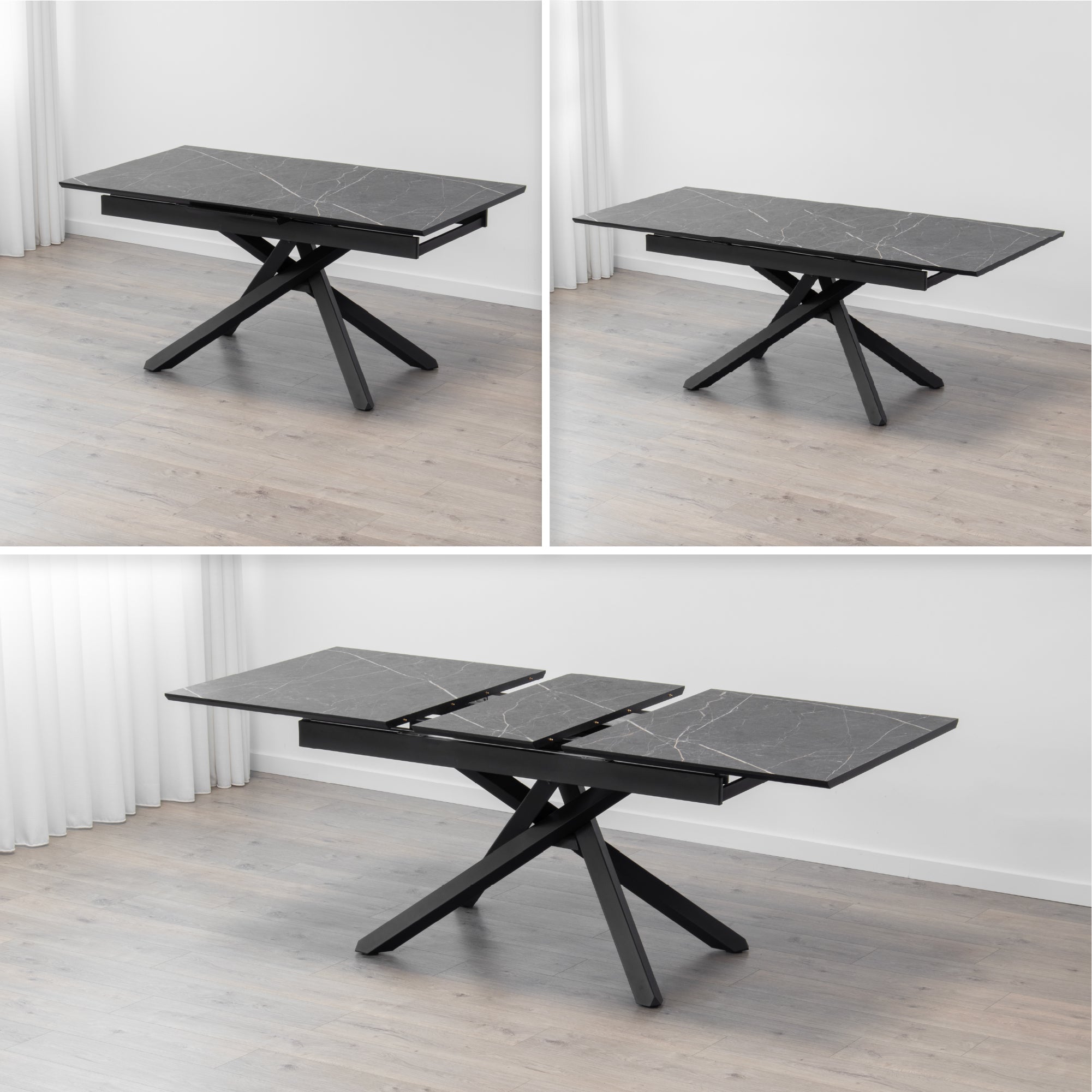 TAYLOR - Mesa de comedor/cocina extensible con tablero de 2,5 cm en melamina con efecto mármol y estructura de metal negro