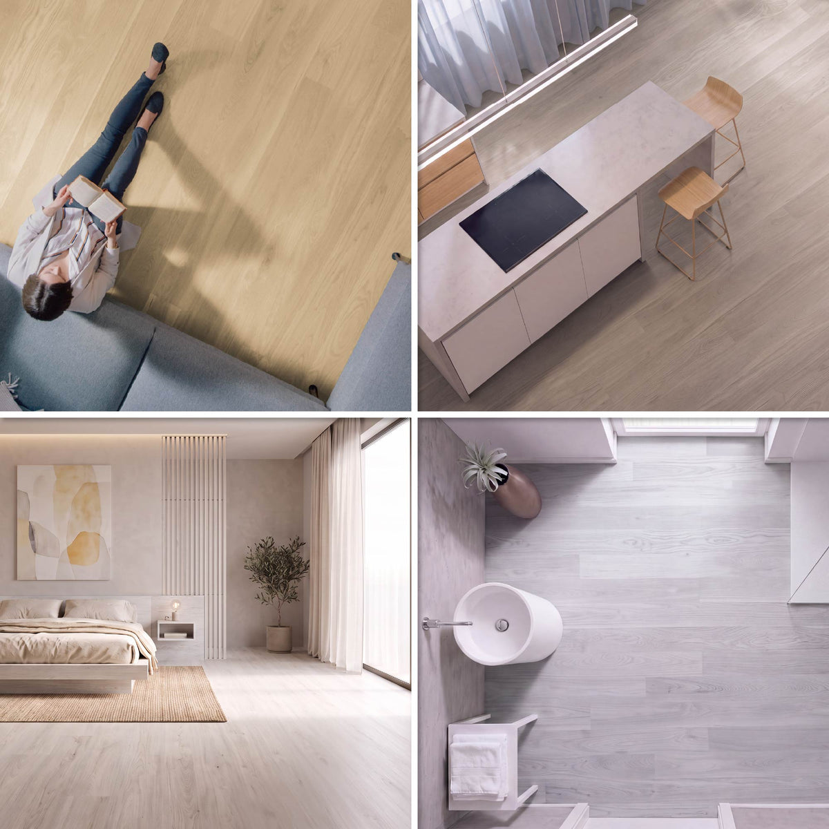 ORIGIN - Conjunto de 4 amostras de pavimento SPC multicamada, 20 × 18 cm, 6,5 mm, Carvalho Claro, Taupe, Dovegrey e Whitewash
