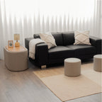 GIGLIO - Mesa de centro con 2 asientos encajables, tablero efecto roble y revestimiento en tejido beige (87x47x45 cm)
