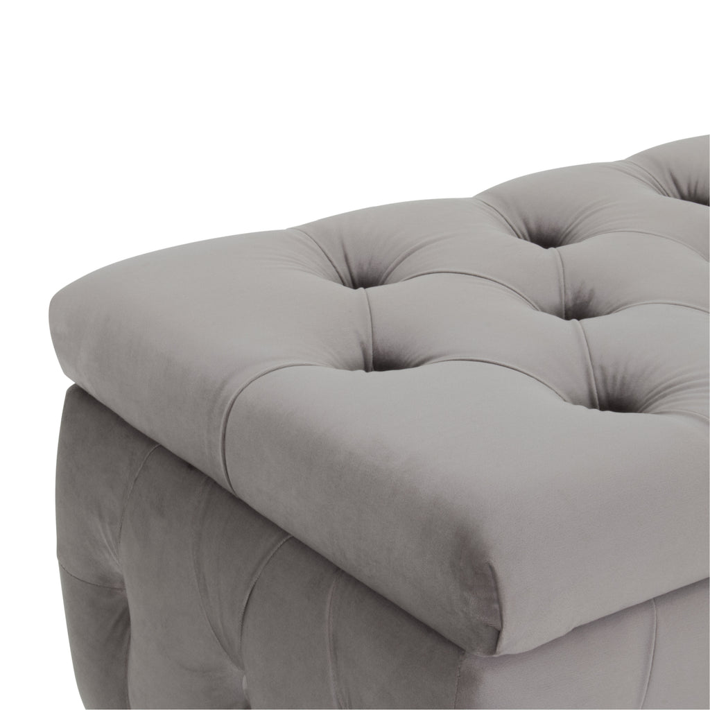 AMOUR - Banqueta baú em veludo cinzento com arrumação interior, assento capitonné e pernas metálicas pretas