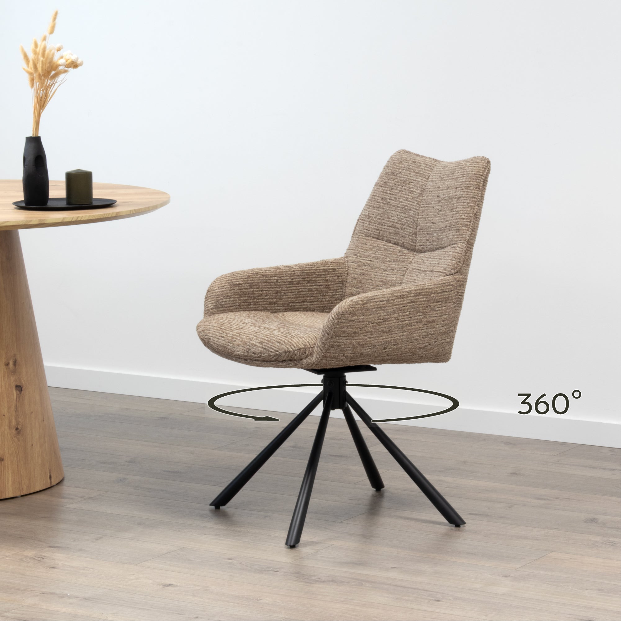 RAINER - Conjunto de 2 sillas de comedor giratorias 360°, en tejido marrón, estructura de metal negro