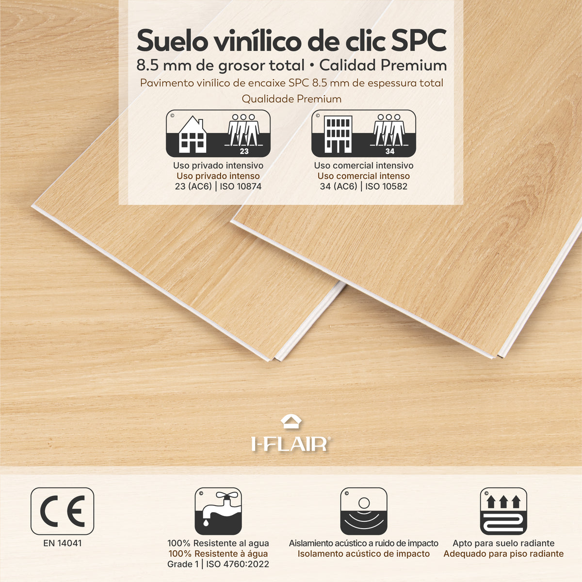 ORIGIN - Pavimento SPC multicamada efeito carvalho claro com sistema click e base IXPE, 8,5 mm, pack de 1,08 m²