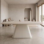 RILKE - Tavolo da pranzo con piano effetto pietra beige chiaro e struttura in metallo color crema