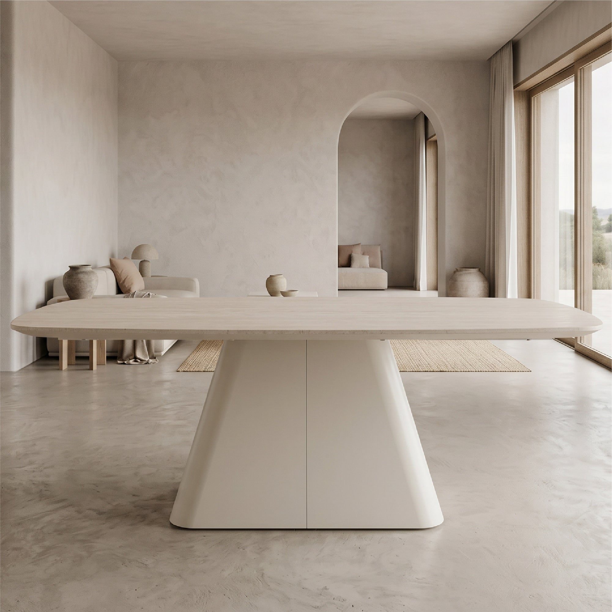 RILKE - Tavolo da pranzo con piano effetto pietra beige chiaro e struttura in metallo color crema