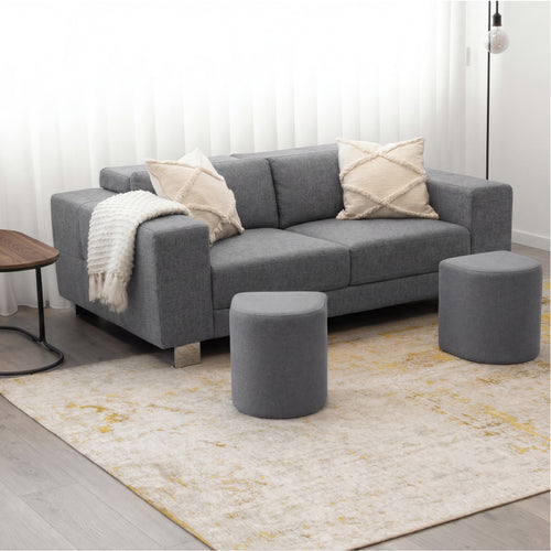 DUNCAN - Mesa de centro efecto nogal con 2 taburetes en tejido gris, 78x34 cm