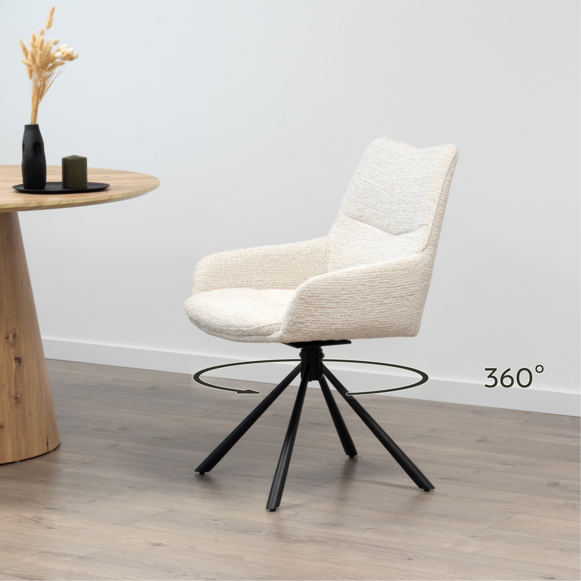 RAINER - Conjunto de 2 sillas de comedor tapizadas y giratorias 360°, en tejido beige con estructura de metal negro