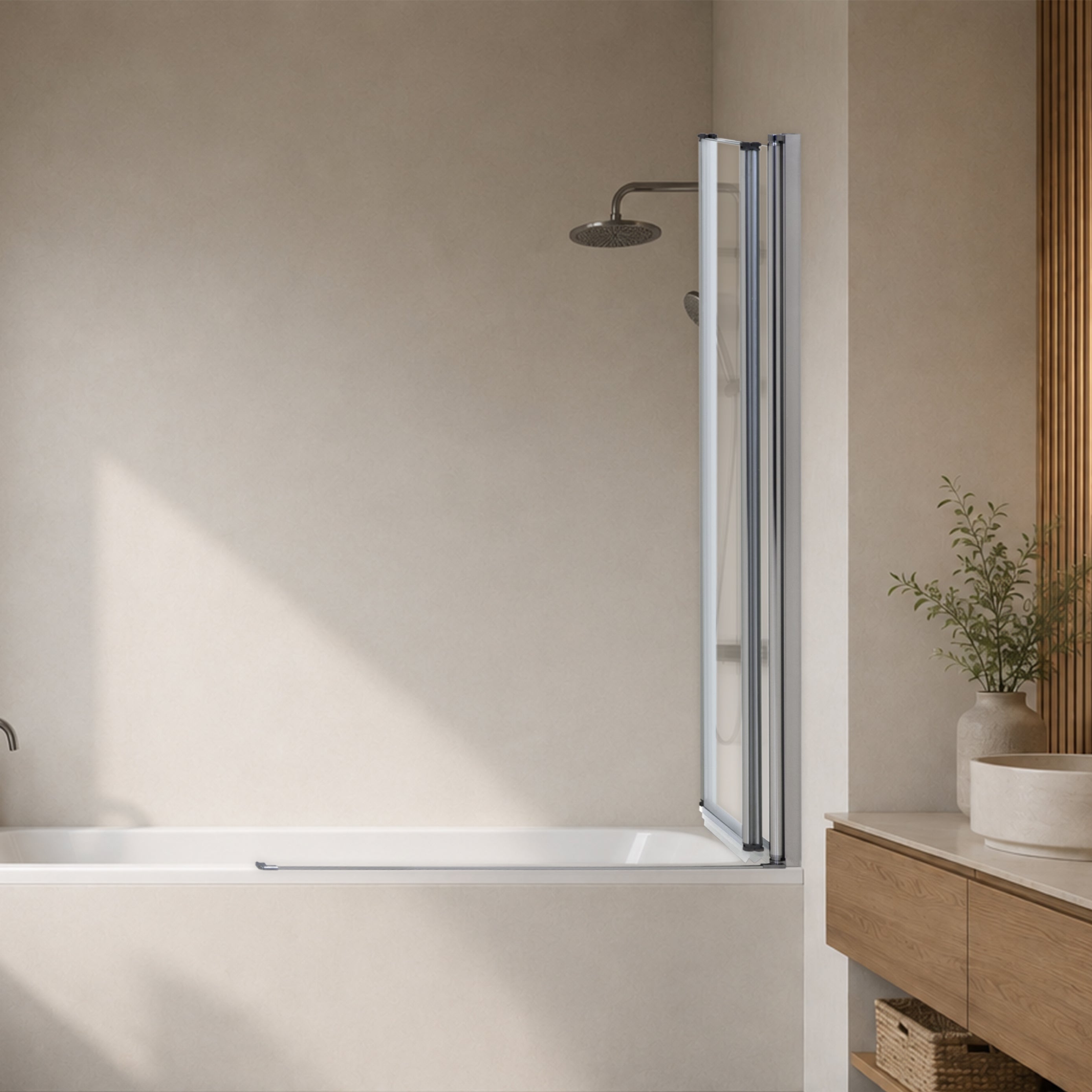 PETRA | Mampara de bañera con 3 paneles abatibles, perfiles cromados y vidrio templado transparente 6 mm ESG Nano