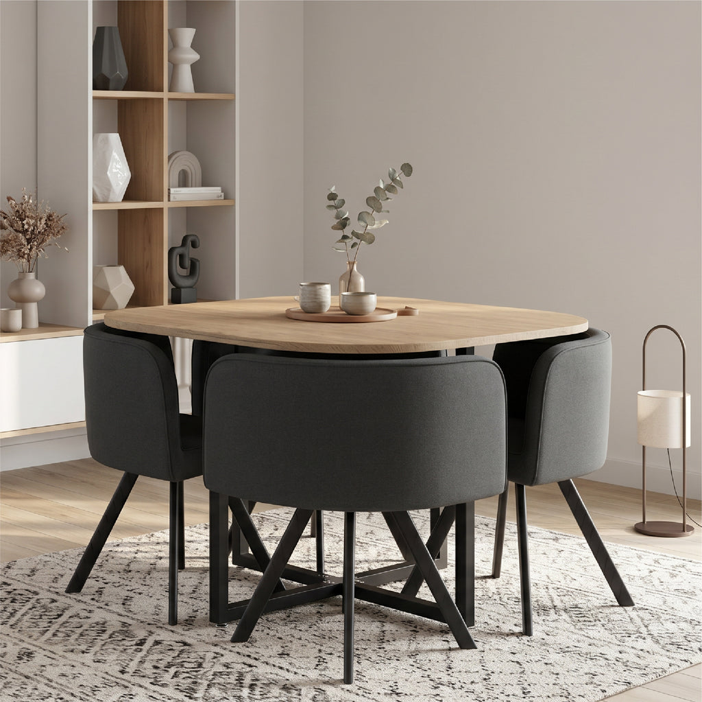 ISMET - Conjunto de mesa e 4 cadeiras de refeição 100 × 100 cm, efeito madeira natural, tecido cinzento e estrutura metálica preta