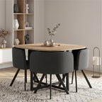 ISMET - Conjunto de mesa e 4 cadeiras de refeição 100 × 100 cm, efeito madeira natural, tecido cinzento e estrutura metálica preta