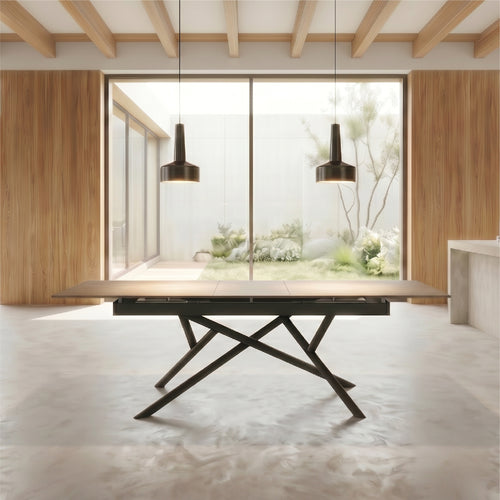 ALISON - Mesa de jantar extensível 160–200 × 90 cm, tampo cerâmico efeito madeira e estrutura metálica preta