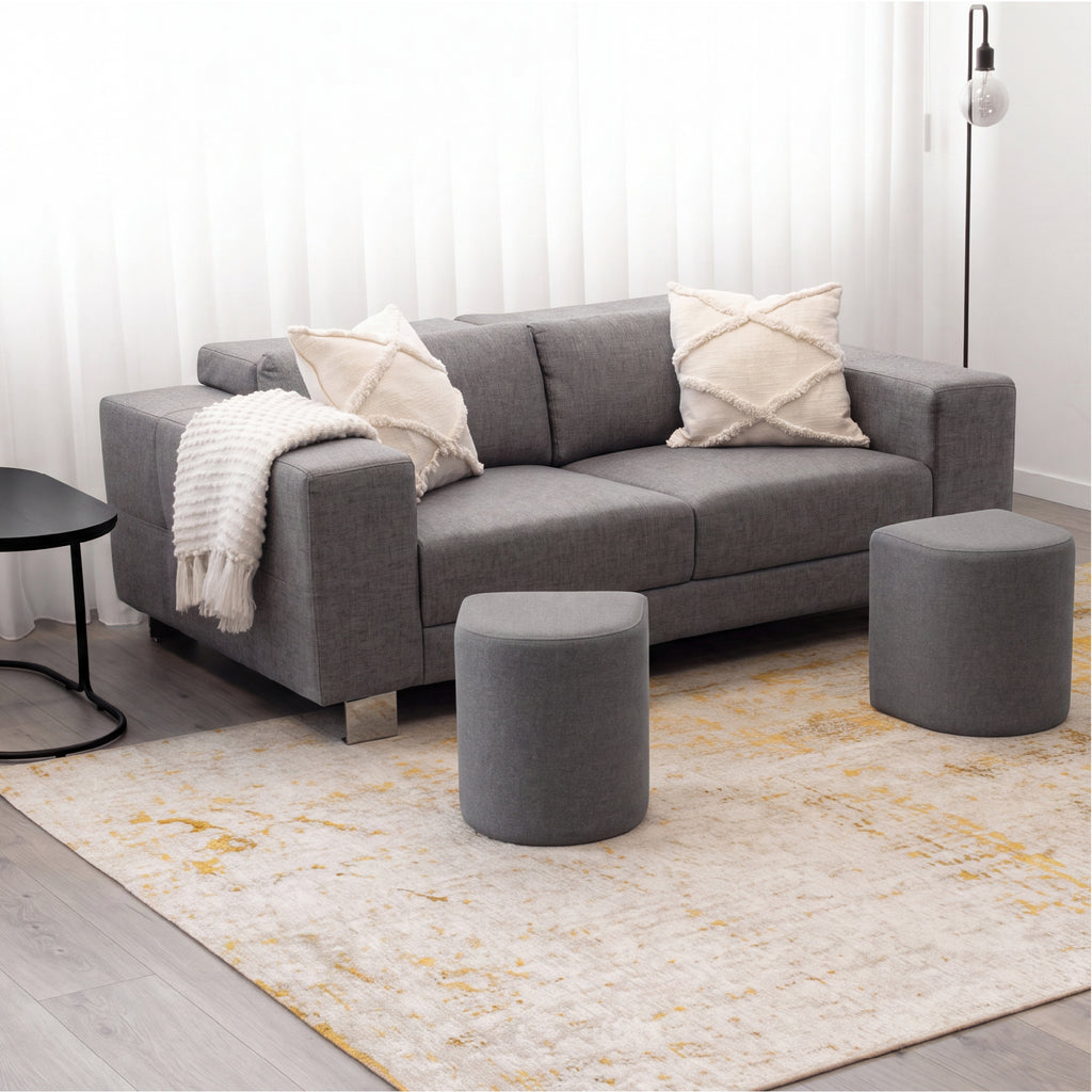 DUNCAN - Mesa de centro efeito madeira preta com 2 bancos em tecido cinzento, 78x34 cm
