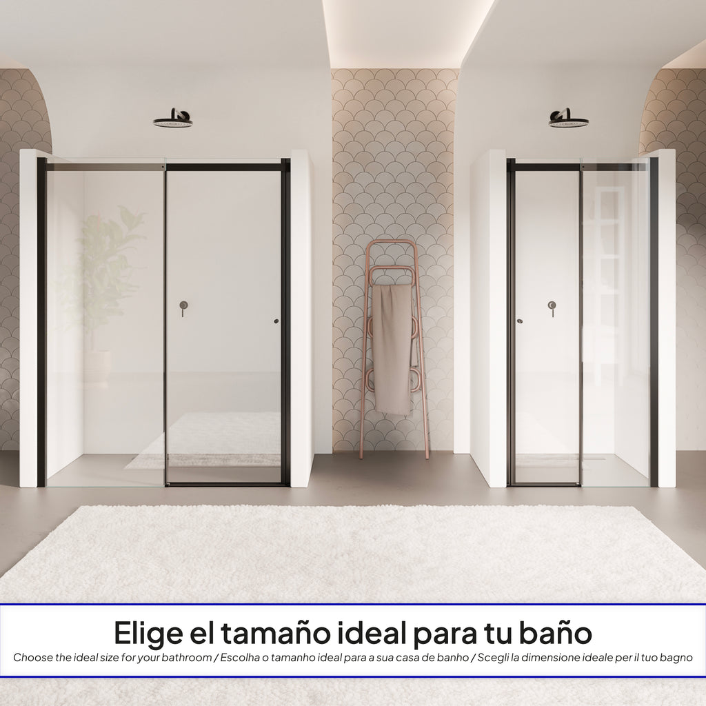 KAYLEE - Puerta de ducha reversible con puerta corredera y lateral fijo, perfil negro y vidrio templado transparente de 6 mm