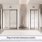 KAYLEE - Puerta de ducha reversible con puerta corredera y lateral fijo, perfil negro y vidrio templado transparente de 6 mm