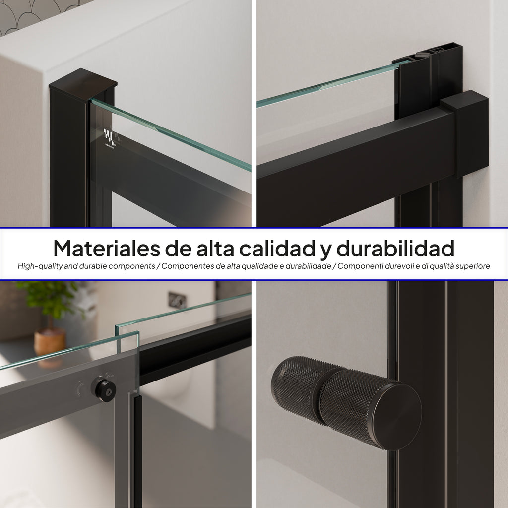 KAYLEE - Puerta de ducha reversible con puerta corredera y lateral fijo, perfil negro y vidrio templado transparente de 6 mm