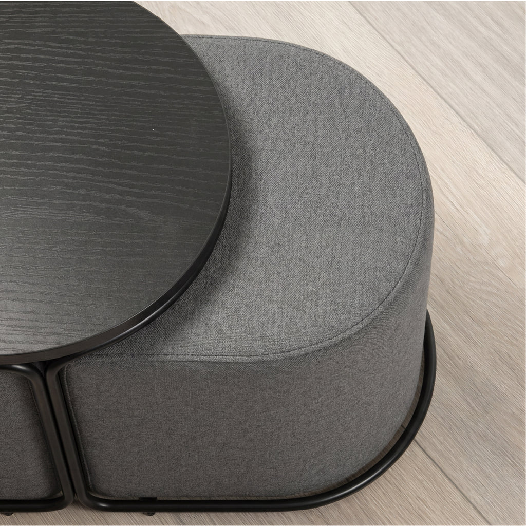 DUNCAN - Mesa de centro efeito madeira preta com 2 bancos em tecido cinzento, 78x34 cm