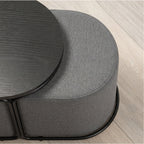 DUNCAN - Mesa de centro efeito madeira preta com 2 bancos em tecido cinzento, 78x34 cm