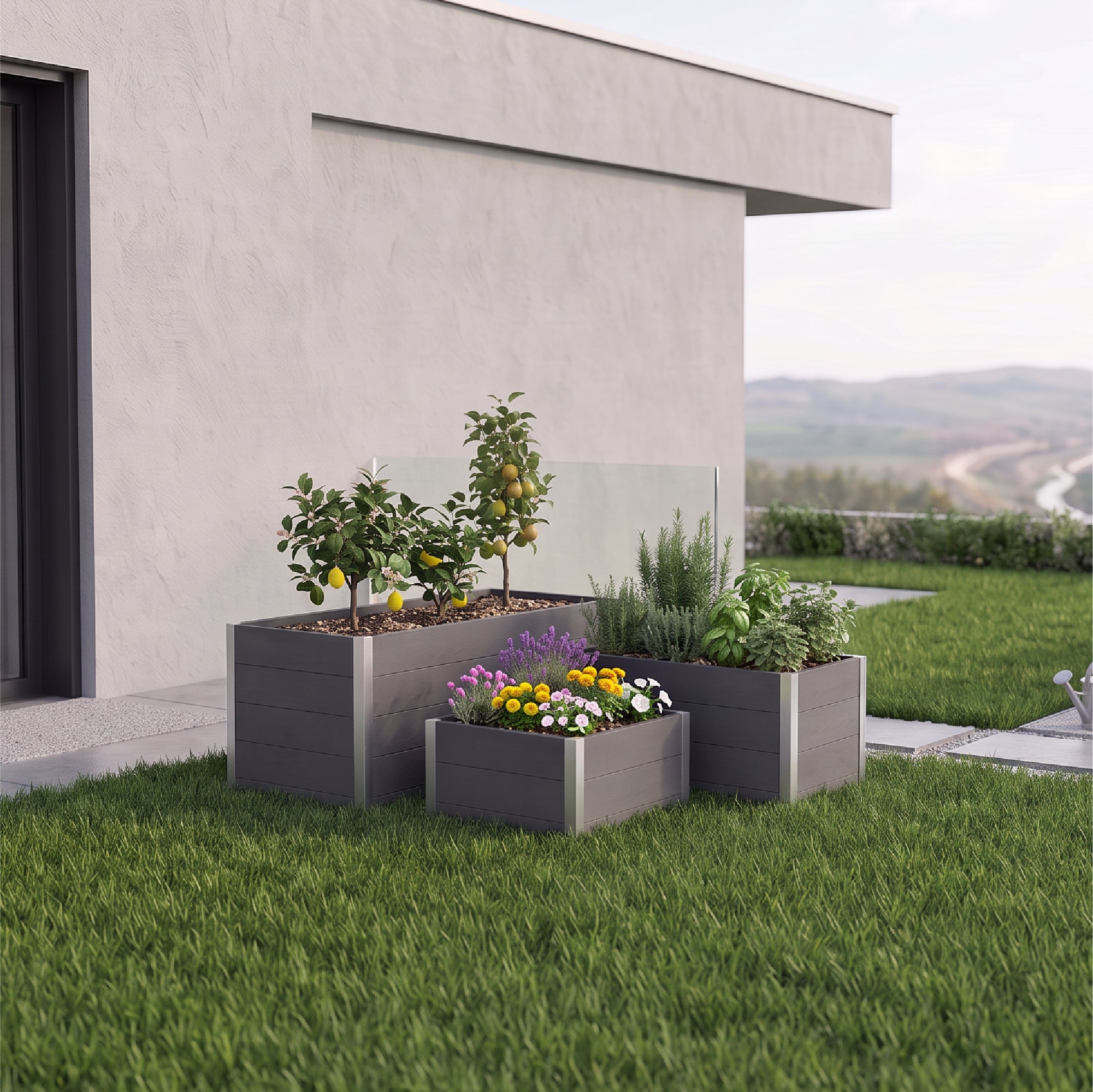 BOTAN - Jardinera elevada de exterior de WPC, rectangular o cuadrada, sin fondo, 221, 300 o 788 L