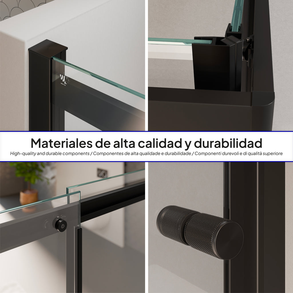 KAYLEE - Cabina de ducha angular con puertas correderas, cristal transparente de 6 mm y perfil negro mate