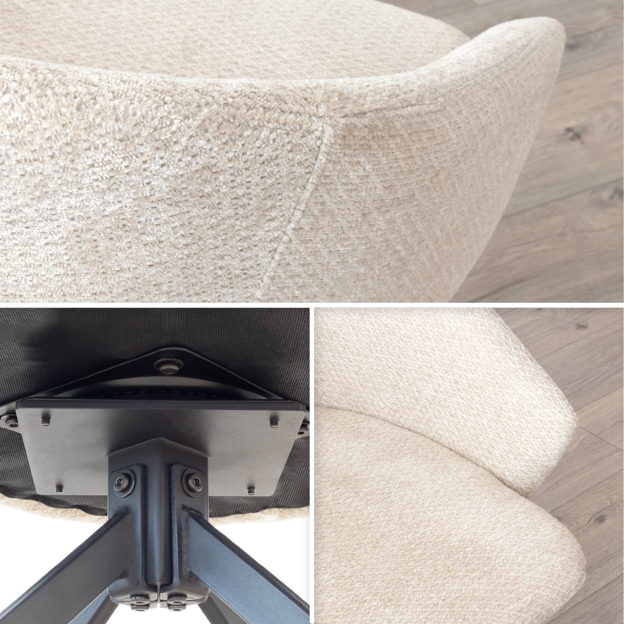 JANE - Conjunto de 2 sillas de comedor tapizadas y giratorias 360°, en tejido beige con estructura de metal negro