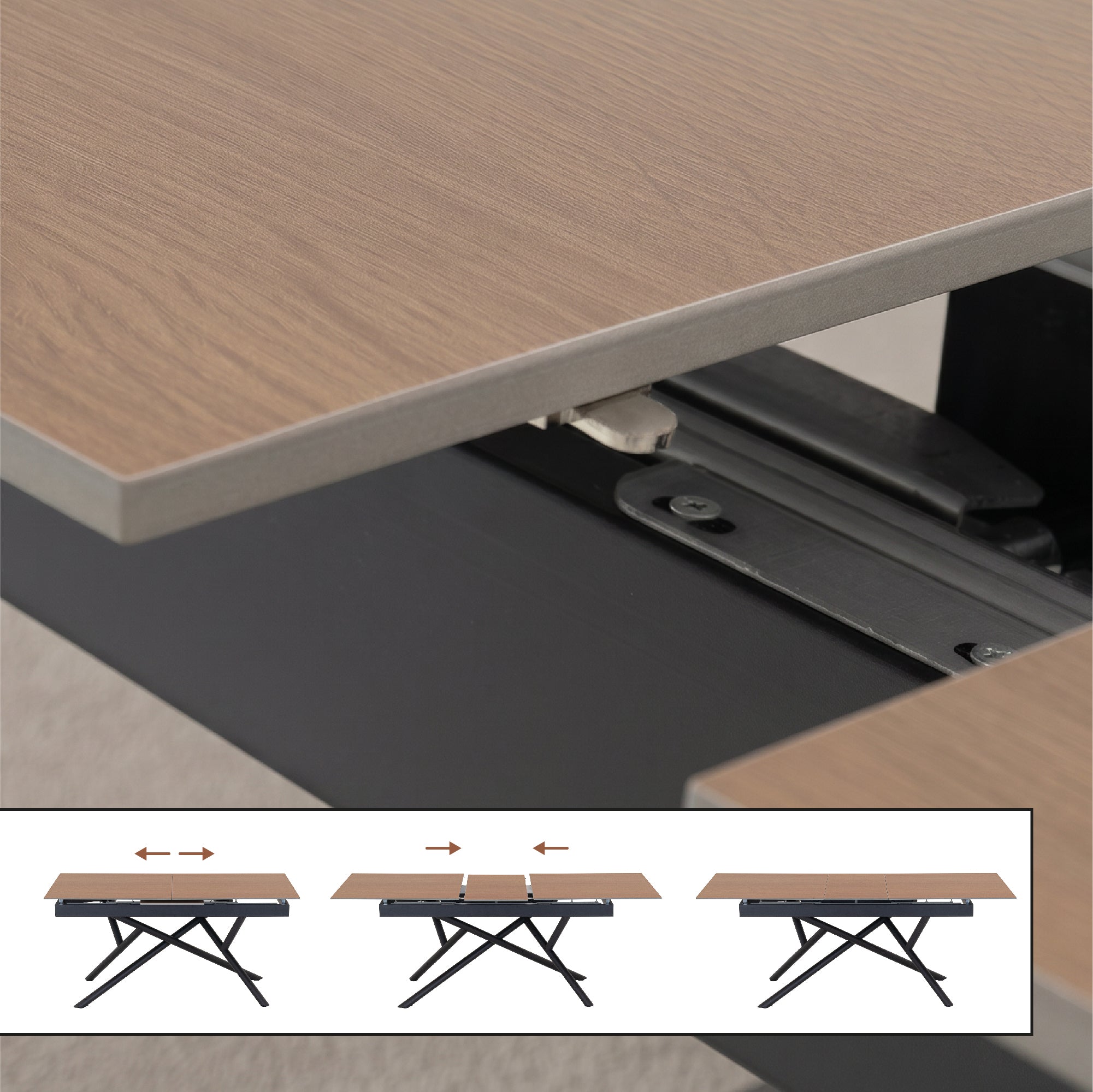 ALISON - Mesa de jantar extensível 160–200 × 90 cm, tampo cerâmico efeito madeira e estrutura metálica preta