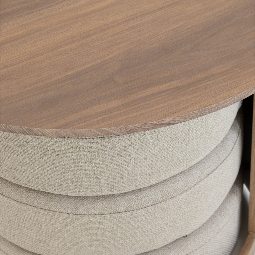 HONE - Mesa de centro Ø60 x 45 cm em melamina efeito carvalho com 3 puffs redondos em tecido bege