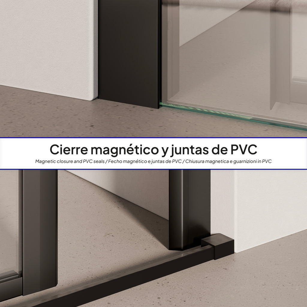 KAYLEE - Puerta de ducha reversible con puerta corredera y lateral fijo, perfil negro y vidrio templado transparente de 6 mm
