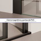 KAYLEE - Puerta de ducha reversible con puerta corredera y lateral fijo, perfil negro y vidrio templado transparente de 6 mm
